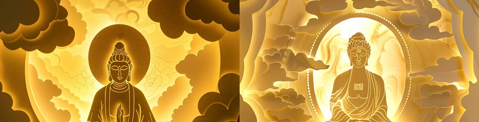 中国风金色莲华祥云观音冥想剪纸艺术插图海报midjourney关键词咒语