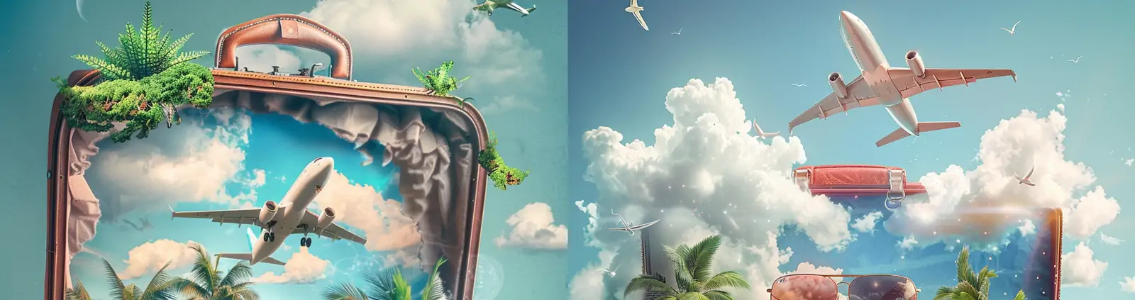 创意夏天大海沙滩棕榈树飞机旅行箱度假卡通数字风格插图海报midjourney关键词咒语