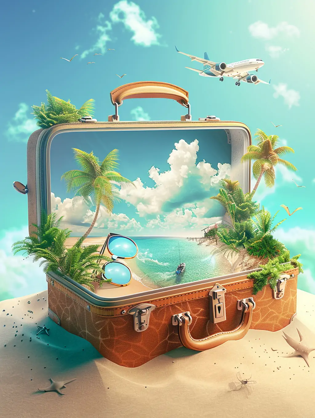 创意夏天大海沙滩棕榈树飞机旅行箱度假卡通数字风格插图海报midjourney关键词咒语 - Ai宇宙吧--Ai宇宙吧-