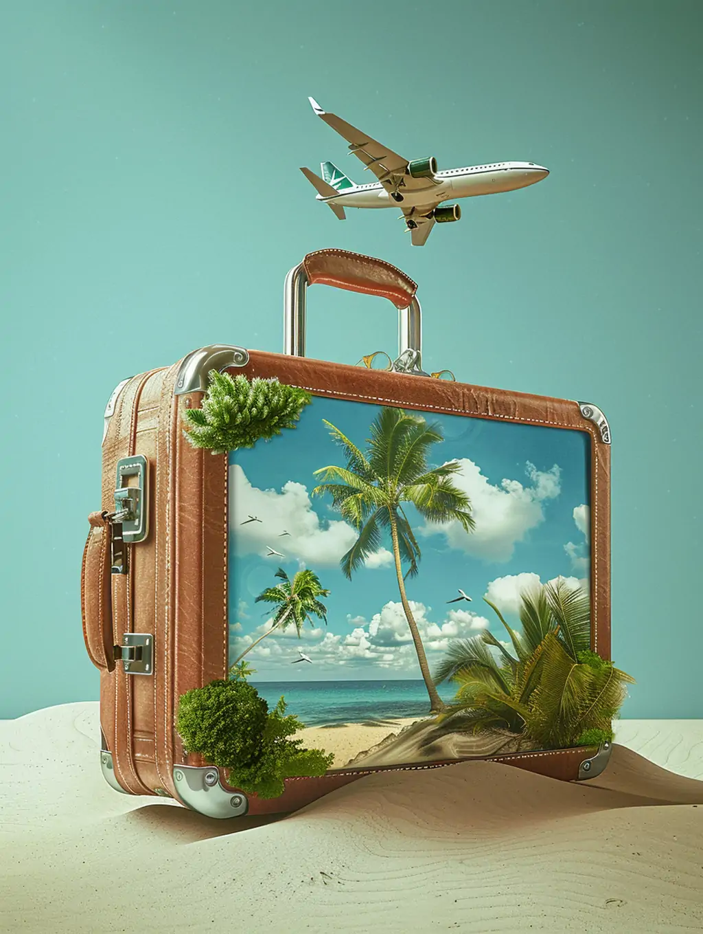创意夏天大海沙滩棕榈树飞机旅行箱度假卡通数字风格插图海报midjourney关键词咒语 - Ai宇宙吧--Ai宇宙吧-