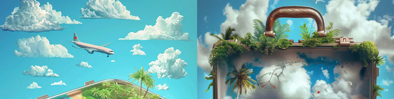 创意夏天大海沙滩棕榈树飞机旅行箱度假卡通数字风格插图海报midjourney关键词咒语