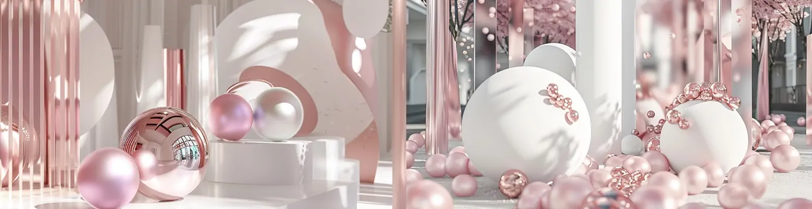 创意粉色金属圆镜气球点缀装饰场景摄影海报背景midjourney关键词咒语