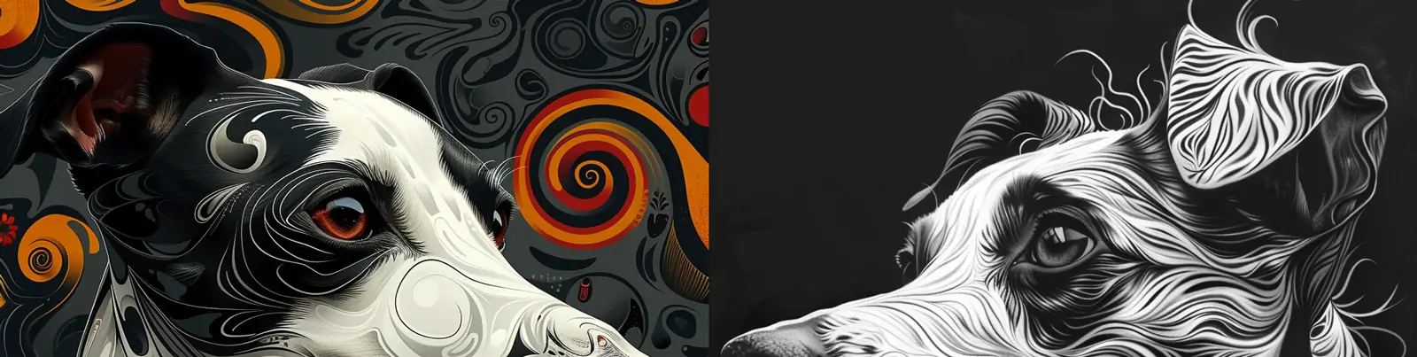 手绘逼真动物狗狗鞭笞犬侧面轮廓螺旋花纹图案插图海报midjourney关键词咒语