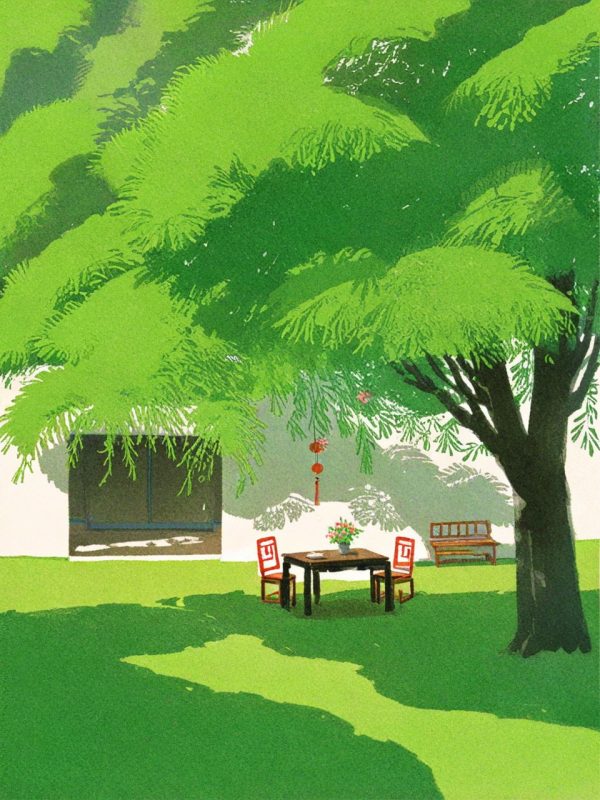 浪漫古风水彩画绿色草坪树木场景插图奇域ai绘画关键词咒语-Ai宇宙吧-