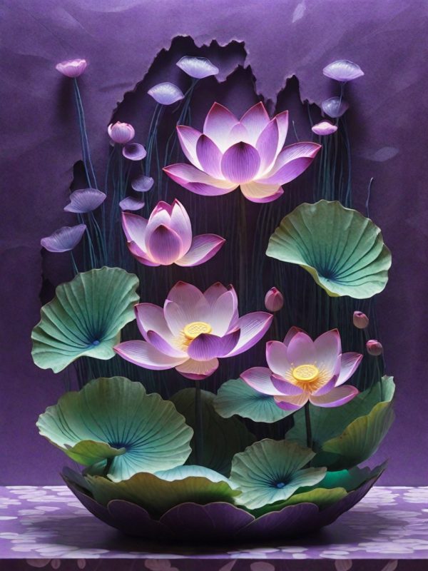 古风紫色荷花荷叶植物发光体场景摄影海报奇域ai绘画关键词咒语-Ai宇宙吧-