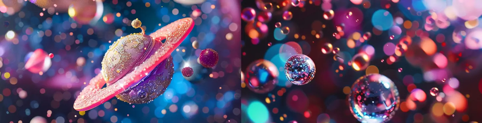 创意彩色糖果星球月球土星太空漂浮摄影海报背景midjourney关键词咒语