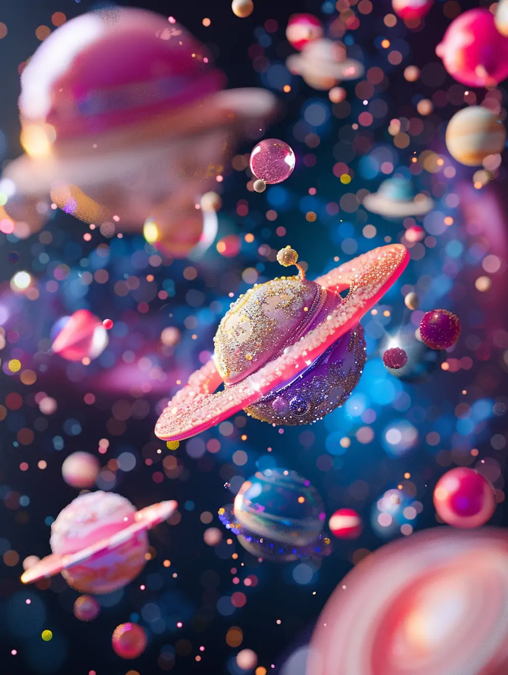 创意彩色糖果星球月球土星太空漂浮摄影海报背景midjourney关键词咒语-Ai宇宙吧-