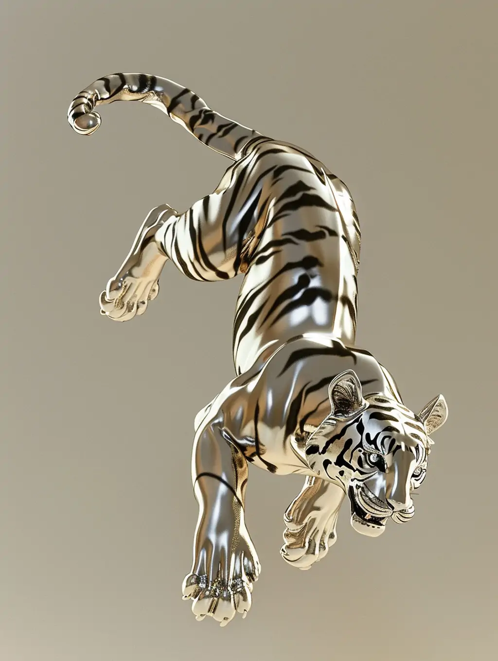 创意光滑银色老虎动物雕塑模型midjourney关键词咒语-Ai宇宙吧-