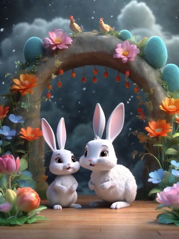 3D立体可爱卡通动物兔子公鸡动画插图海报奇域ai绘画关键词咒语-Ai宇宙吧-