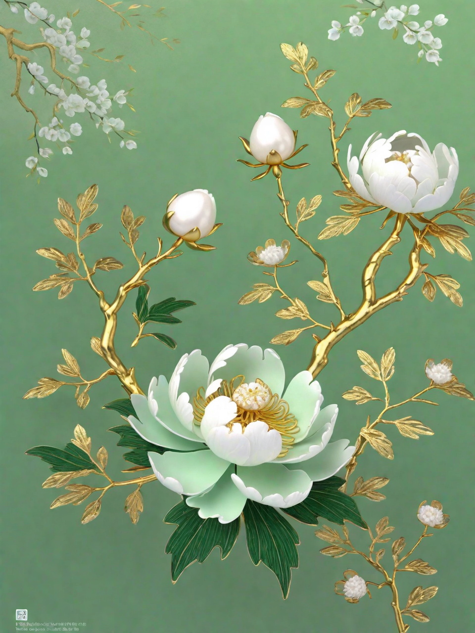 中国风烫金鲜花植物牡丹花珠宝装饰奇域ai绘画关键词咒语 - Ai宇宙吧--Ai宇宙吧-