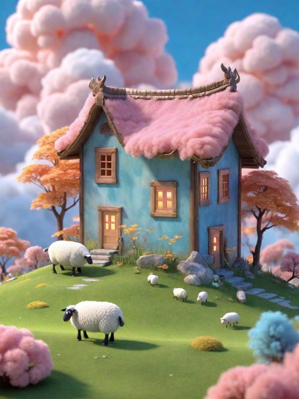 粉色梦幻小屋农场云朵草地景观奇域ai绘画关键词咒语-Ai宇宙吧-