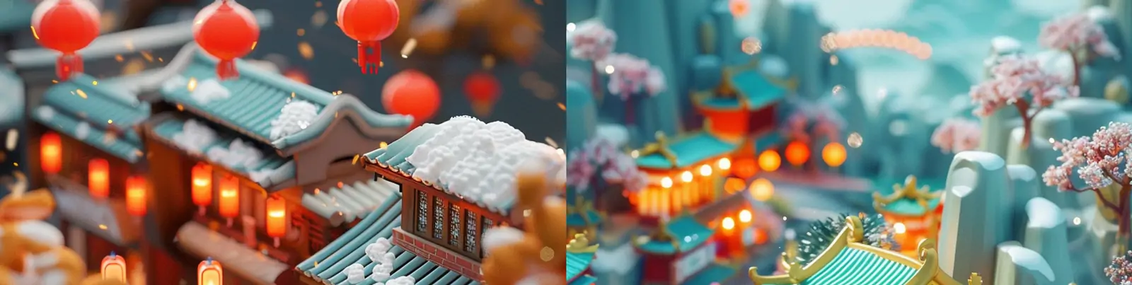 超可爱迷你中国风新年灯笼建筑街道粘土世界模型midjourney关键词咒语