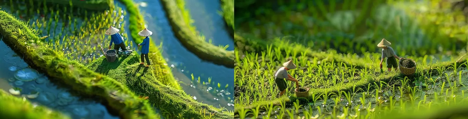 创意迷你微观航拍农民伯伯稻田劳作自然场景摄影海报midjourney关键词咒语