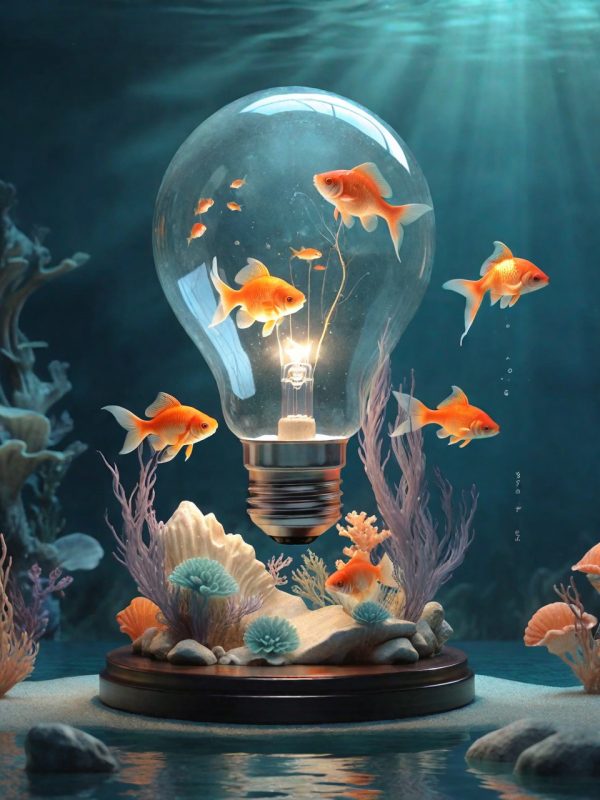 创意大海灯泡海底世界金鱼游动微缩景观奇域ai绘画关键词咒语-Ai宇宙吧-