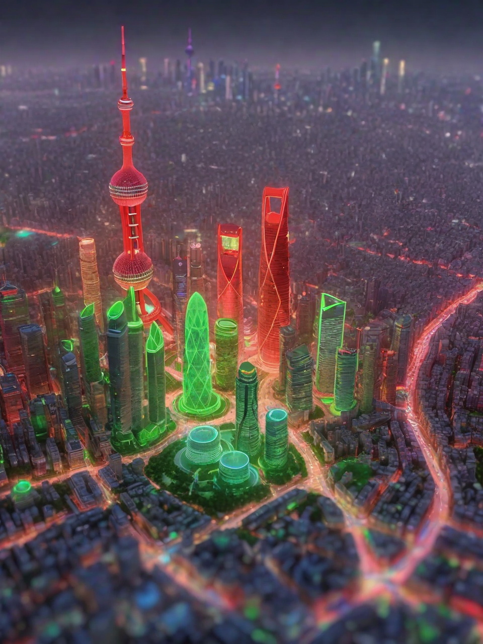 上海市地图夜景城市地标建筑东方明珠俯视图奇域ai绘画关键词咒语 - Ai宇宙吧--Ai宇宙吧-