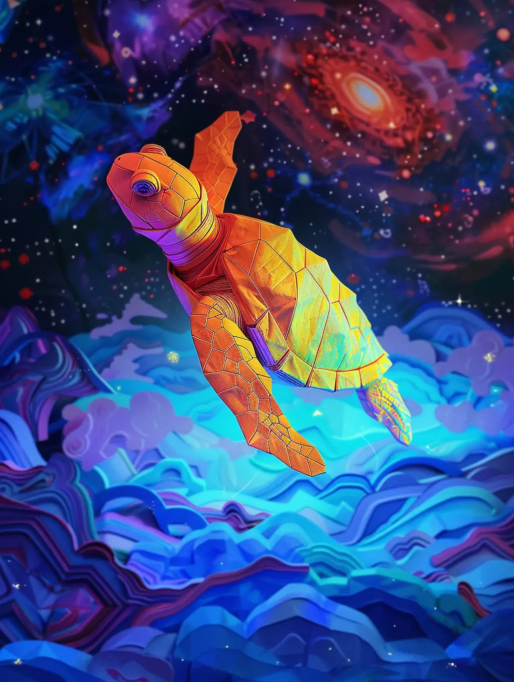 彩色折纸乌龟手工艺品宇宙海洋场景海报midjourney关键词咒语 - Ai宇宙吧--Ai宇宙吧-