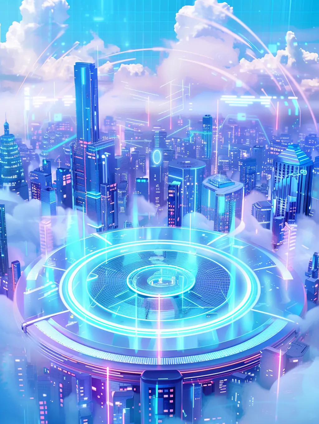 未来主义紫色3D立体科技城市建筑圆形舞台中心空间背景midjourney关键词咒语-Ai宇宙吧-