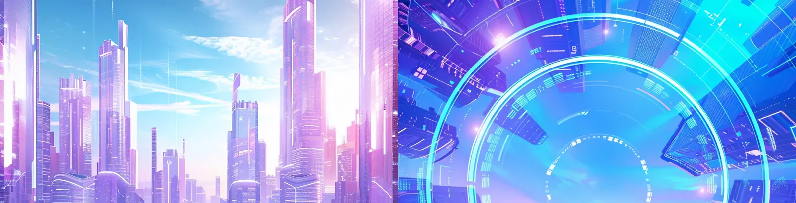 未来主义紫色3D立体科技城市建筑圆形舞台中心空间背景midjourney关键词咒语