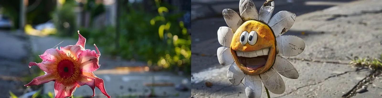 创意拟人化鲜花笑脸微笑裂缝中生长艺术摄影海报midjourney关键词咒语