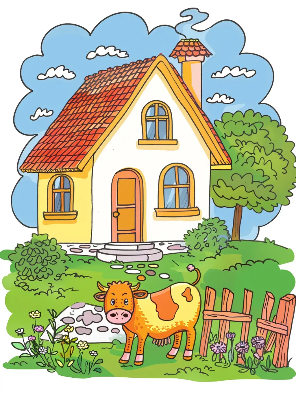 手绘儿童彩色房屋建筑奶牛农场插图绘画midjourney关键词咒语 - Ai宇宙吧--Ai宇宙吧-