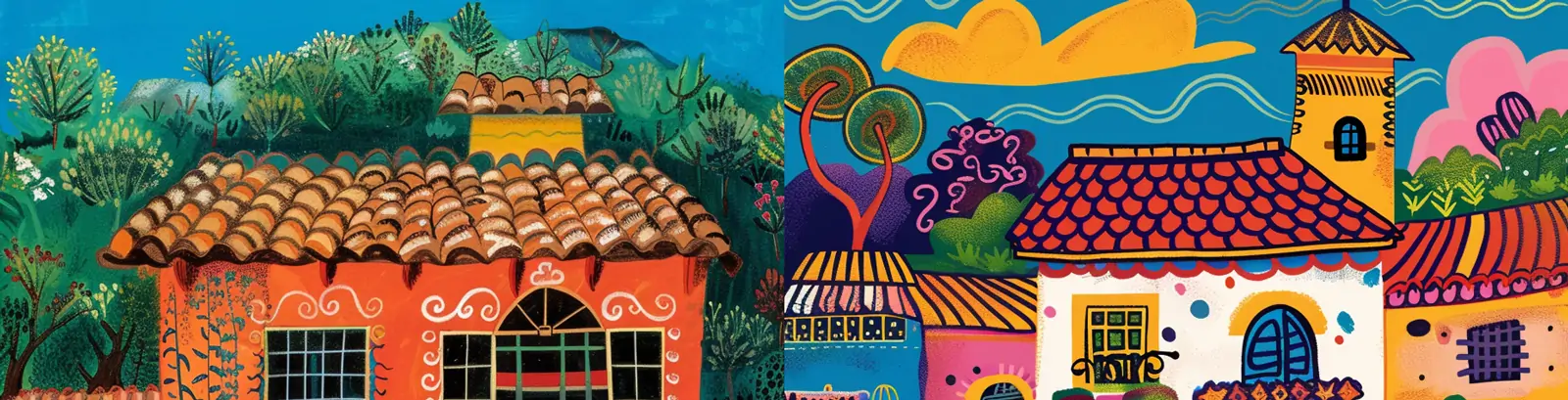 手绘儿童彩色房屋建筑奶牛农场插图绘画midjourney关键词咒语