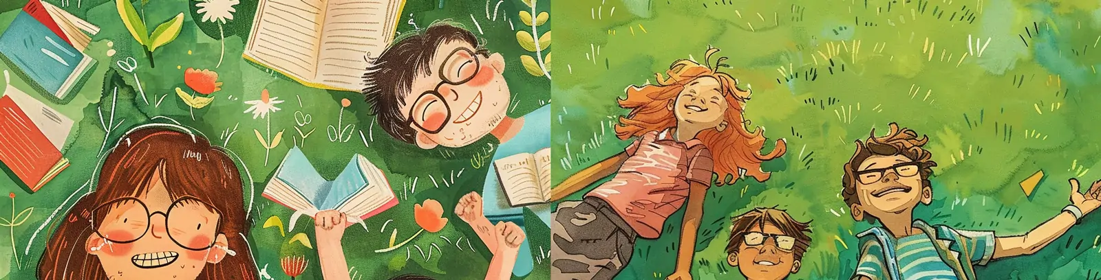 动漫卡通可爱儿童夏天草坪玩耍俯视图插图海报midjourney关键词咒语