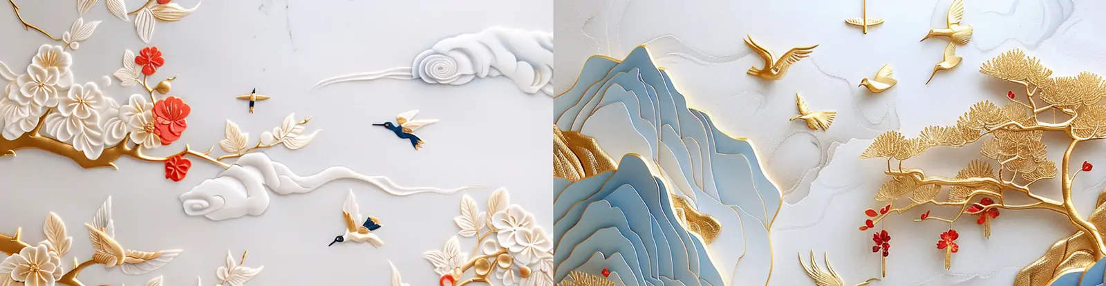 3D立体剪纸艺术烫金山水虫鸟景观线条艺术品海报midjourney关键词咒语