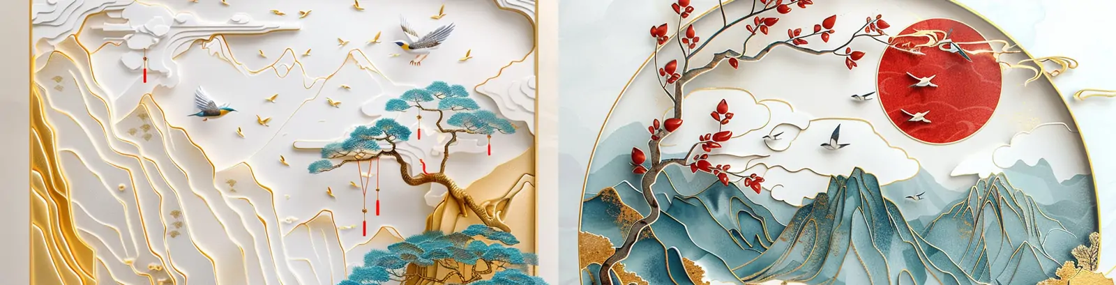 3D立体剪纸艺术烫金山水虫鸟景观线条艺术品海报midjourney关键词咒语