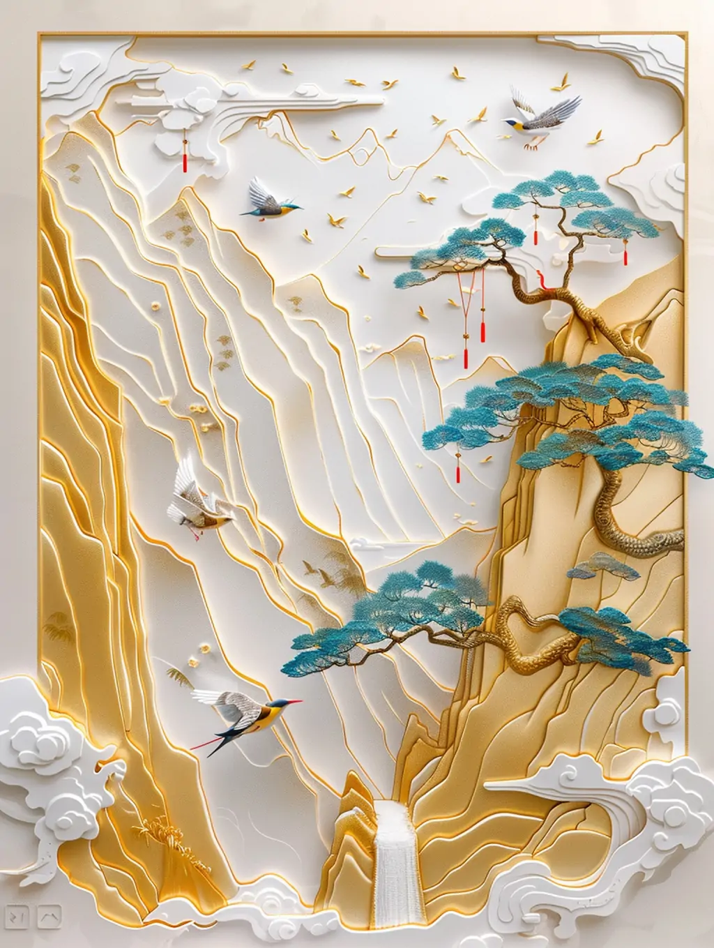3D立体剪纸艺术烫金山水虫鸟景观线条艺术品海报midjourney关键词咒语-Ai宇宙吧-