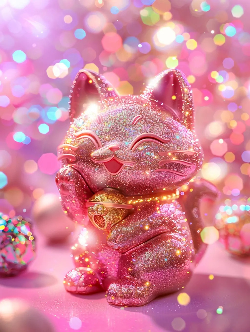 粉色金色闪光钻石可爱猫咪招财猫立体模型摄影海报midjourney关键词咒语 - Ai宇宙吧--Ai宇宙吧-