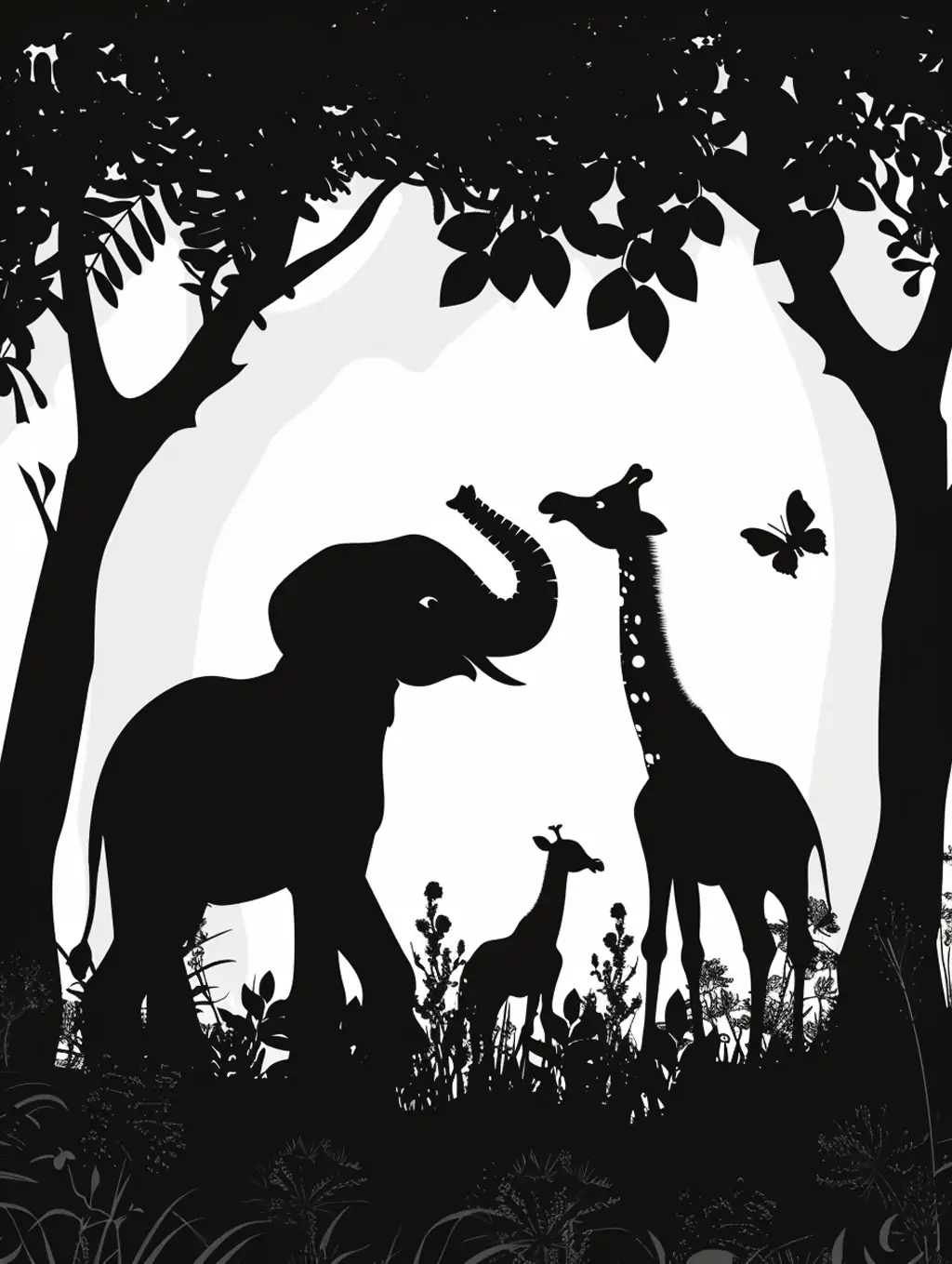 极简主义黑白剪影艺术森林动物长颈鹿大象插图海报midjourney关键词咒语 - Ai宇宙吧--Ai宇宙吧-