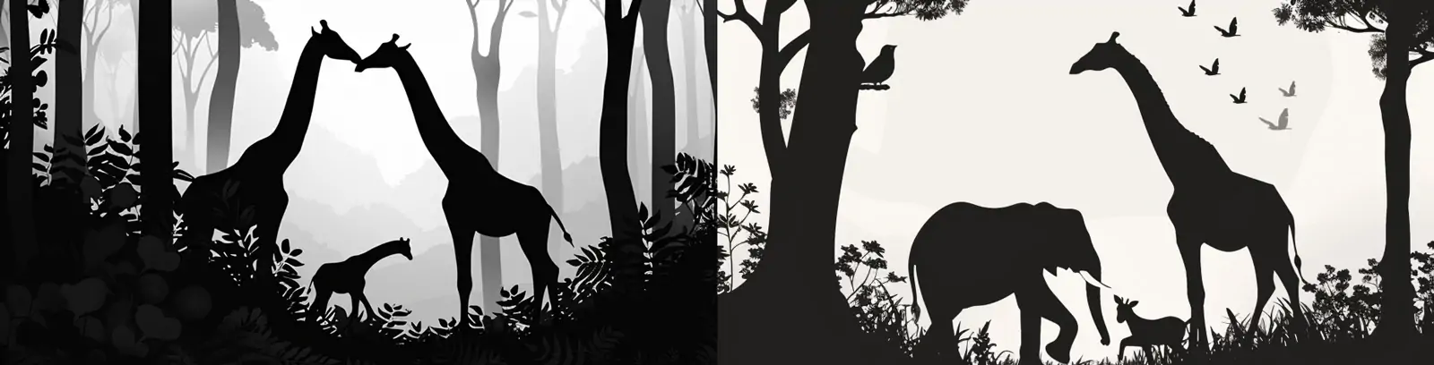 极简主义黑白剪影艺术森林动物长颈鹿大象插图海报midjourney关键词咒语
