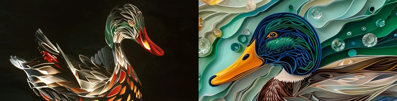 三维立体纸笔风格艺术绿头鸭动物写实插图绘画海报midjourney关键词咒语