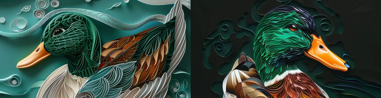 三维立体纸笔风格艺术绿头鸭动物写实插图绘画海报midjourney关键词咒语