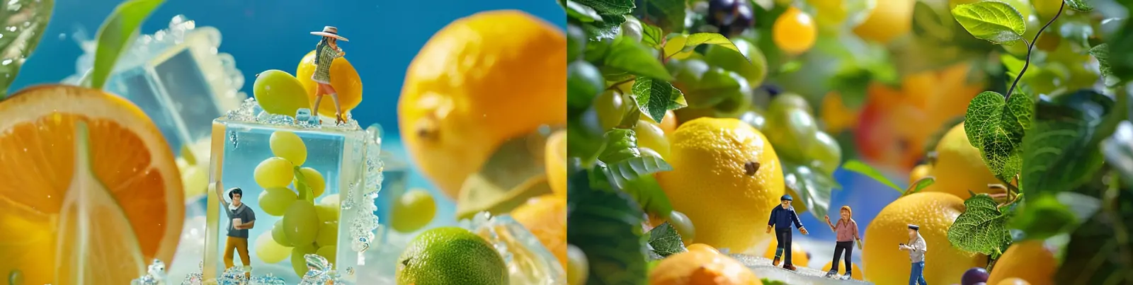 创意迷你夏季水果饮料美食冰块微观世界场景摄影海报midjourney关键词咒语