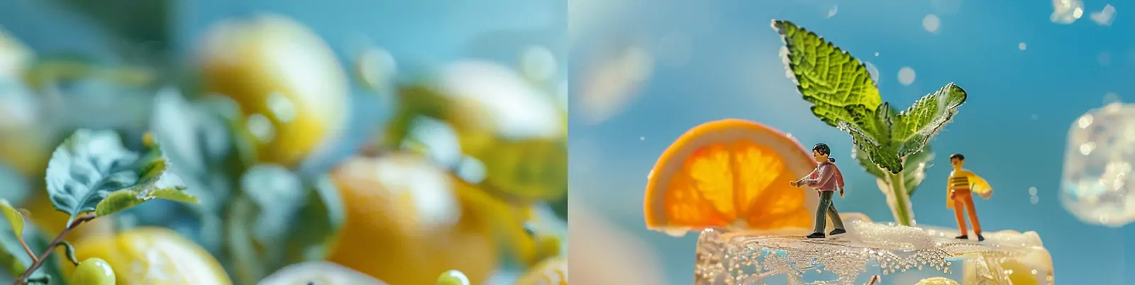 创意迷你夏季水果饮料冰块微观世界场景摄影海报midjourney关键词咒语