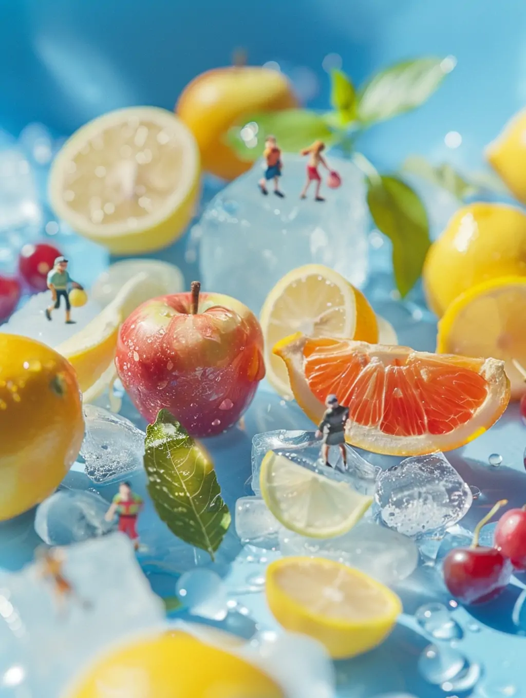 创意迷你夏季水果饮料冰块微观世界场景摄影海报midjourney关键词咒语 - Ai宇宙吧--Ai宇宙吧-