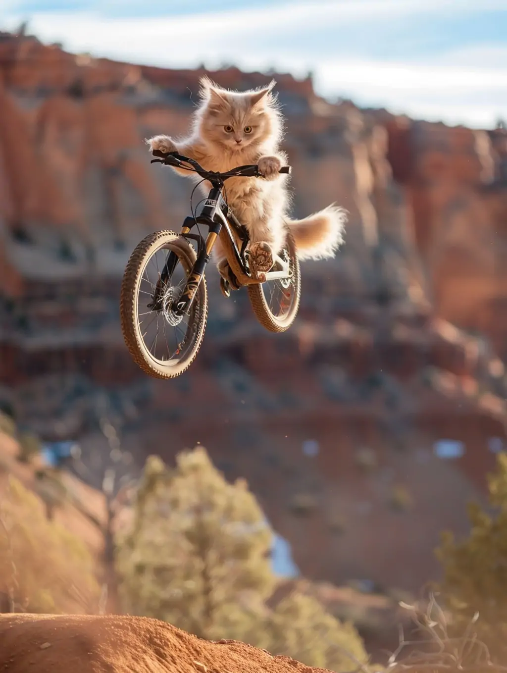 创意猫咪骑自行车飞跃场景摄影海报midjourney关键词咒语 - Ai宇宙吧--Ai宇宙吧-