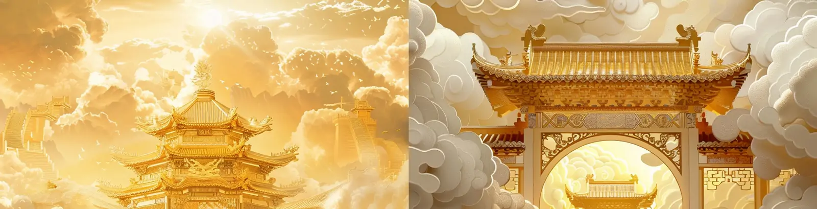 中国风金色宫殿阁楼建筑楼梯祥云梦幻场景海报背景midjourney关键词咒语