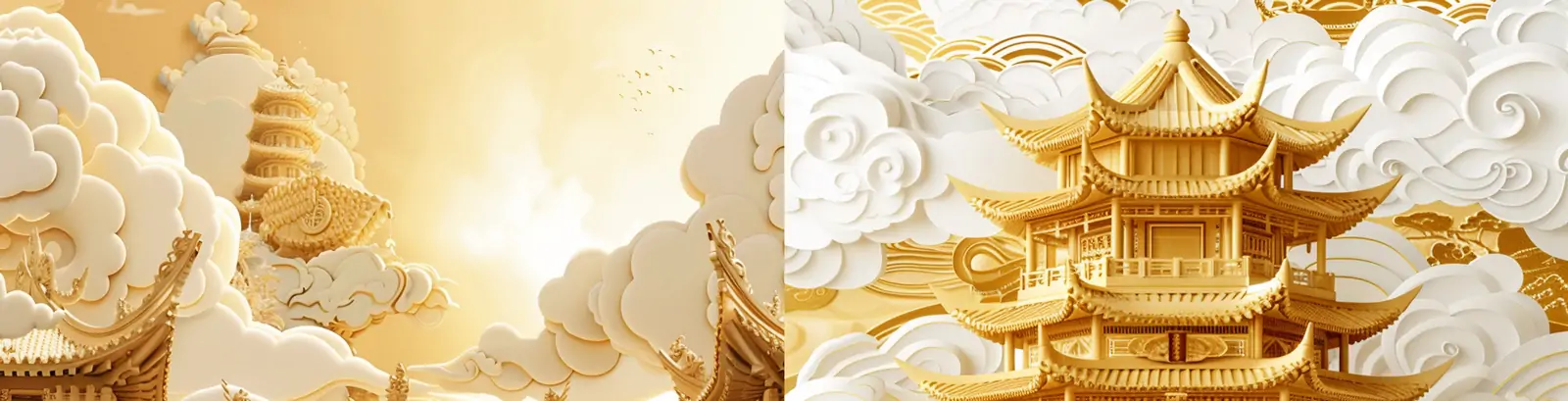 中国风金色宫殿阁楼建筑楼梯祥云梦幻场景海报背景midjourney关键词咒语