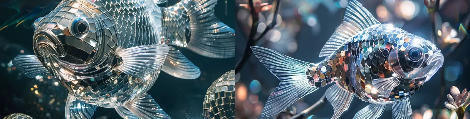 迪斯科球碎片金属反光银鱼场景摄影海报midjourney关键词咒语