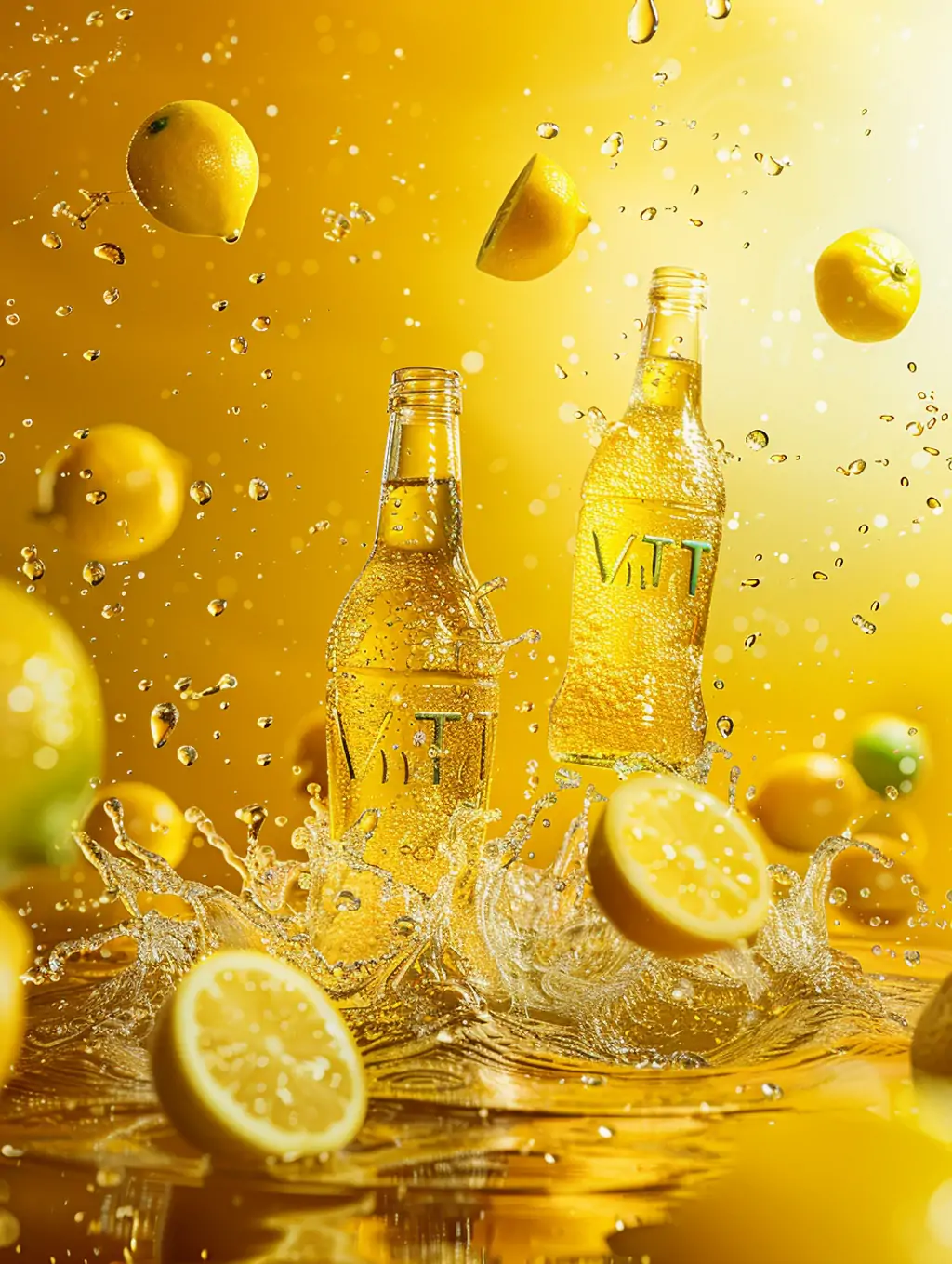 黄色柠檬果汁饮料啤酒水花飞溅产品包装广告摄影海报midjourney关键词咒语 - Ai宇宙吧--Ai宇宙吧-