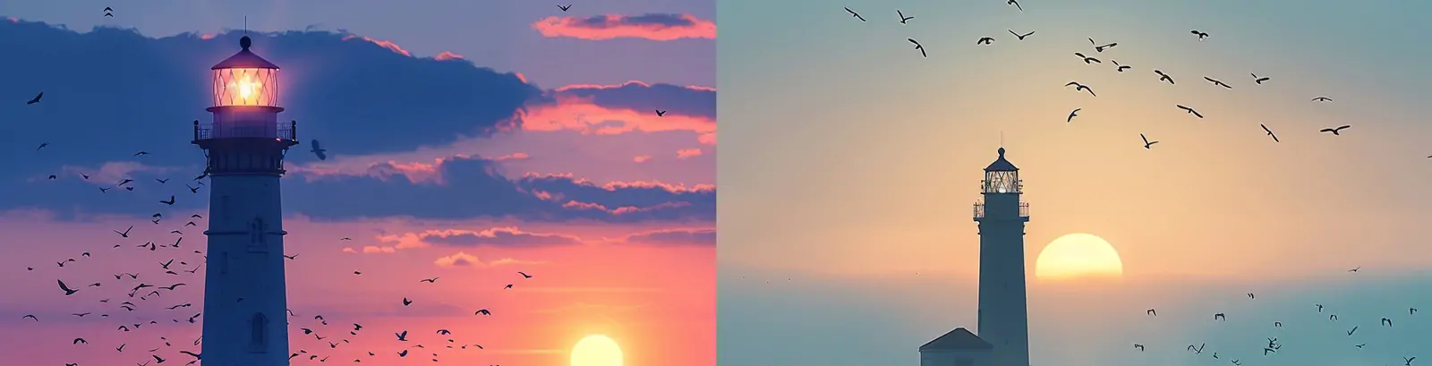 海边夕阳孤独灯塔海鸥自然景观艺术摄影海报midjourney关键词咒语