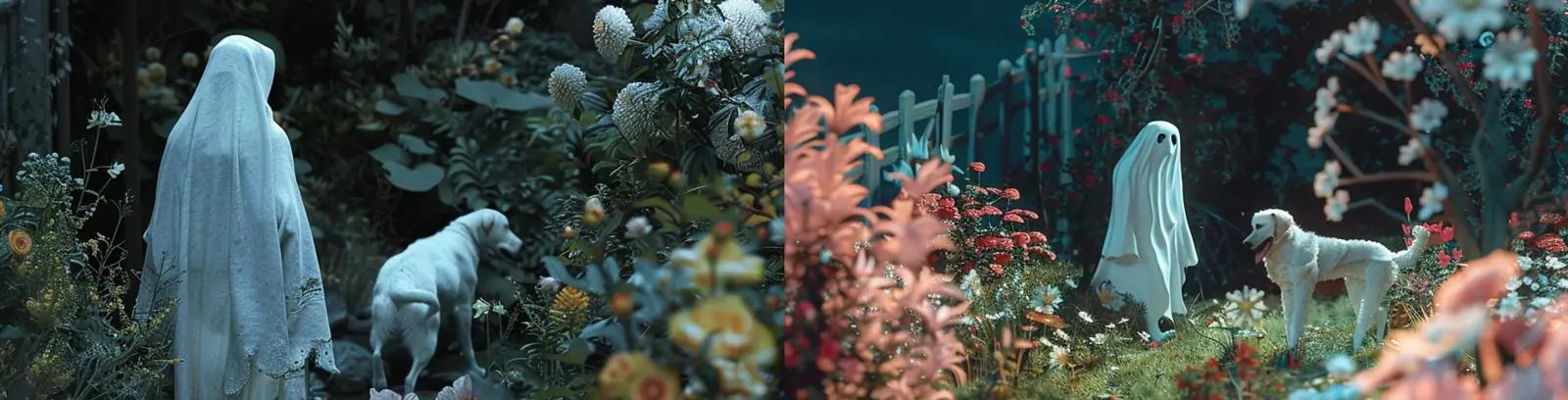 创意白色幽灵狗狗花园场景摄影海报midjourney关键词咒语