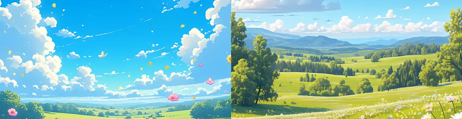 手绘3D卡通春天鲜花植物草原蓝天白云场景插图绘画海报midjourney关键词咒语