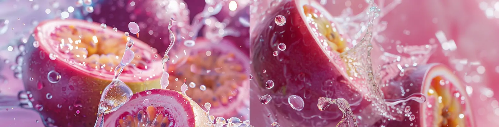 新鲜水果百香果果汁饮料水花飞溅电商生鲜产品摄影海报midjourney关键词咒语