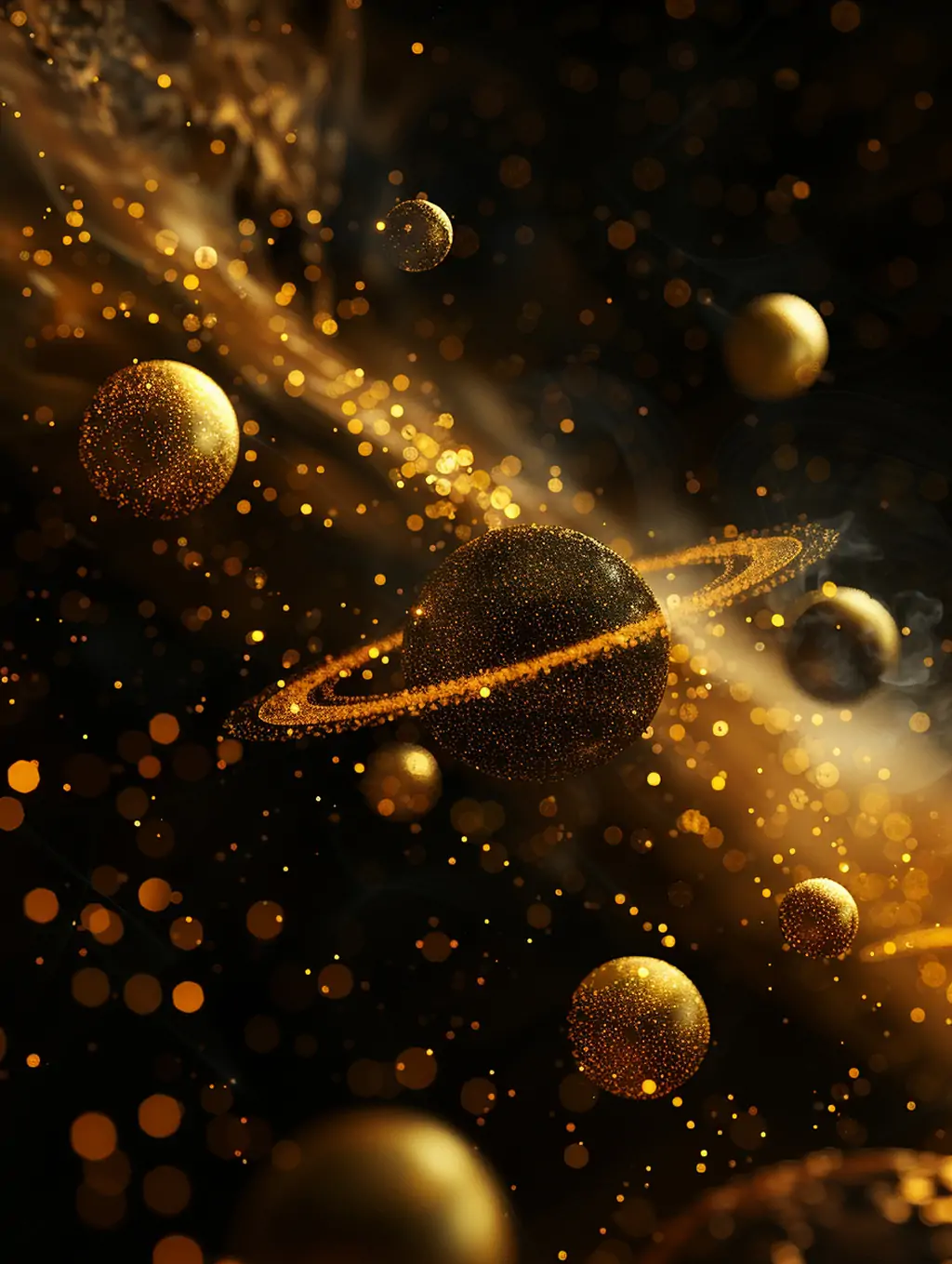 3D立体金色行星太空宇宙星球漂浮场景摄影海报背景midjourney关键词咒语 - Ai宇宙吧--Ai宇宙吧-