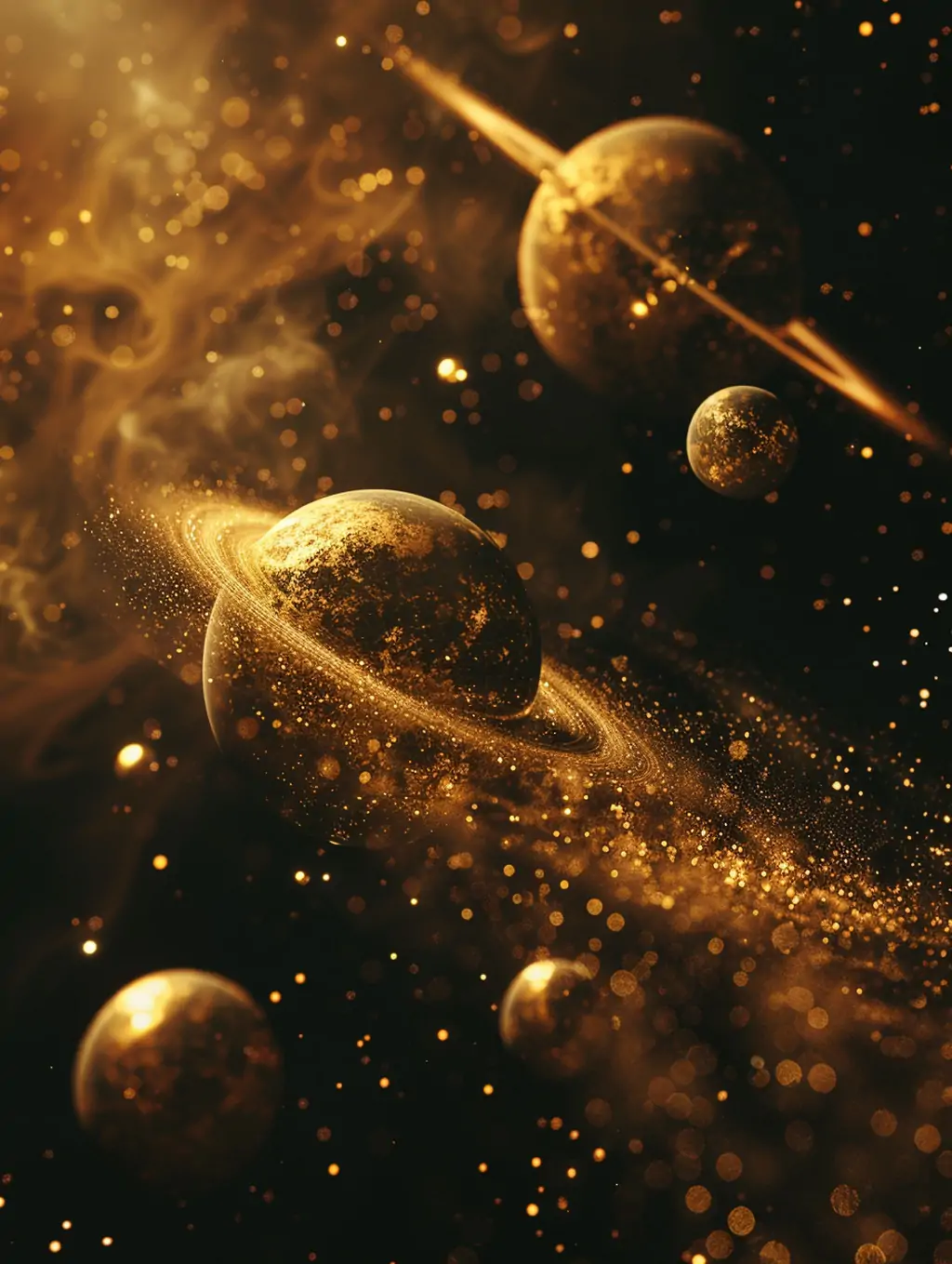 3D立体金色行星太空宇宙星球漂浮场景摄影海报背景midjourney关键词咒语 - Ai宇宙吧--Ai宇宙吧-