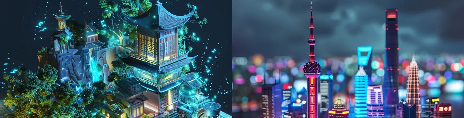 创意三维全息科技魔法上海建筑立体书插图海报midjourney关键词咒语