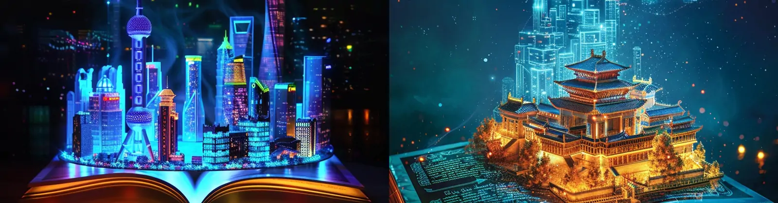 创意三维全息科技魔法北京上海阁楼建筑立体书插图海报midjourney关键词咒语